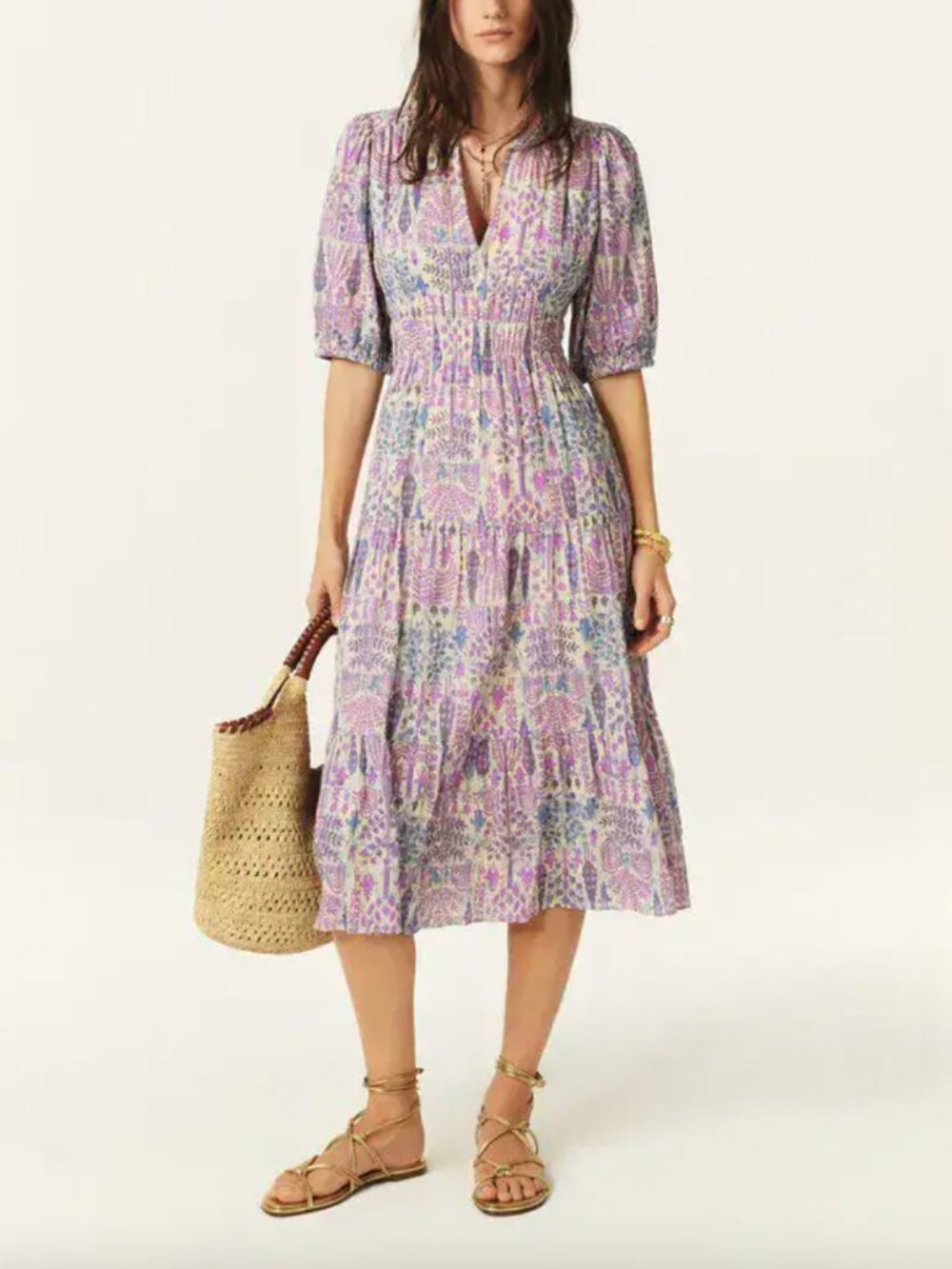 $385 NWT BA&SH Purple White Floral Panissa Geometric Midi Dress size 2